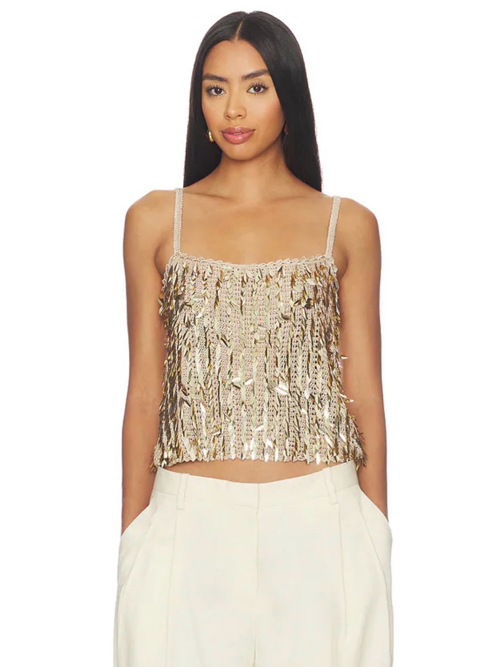 Gold Sequin Fringe Cropped Tank Top